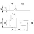 Seitentürscharnier, rostfrei, L 140 mm, B 39/63 mm, H 9 mm