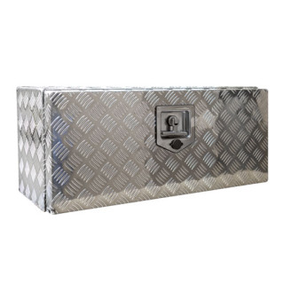Werkzeugkasten S-Box A, Alu Riffelblech 2/3 mm, 600 × 300 × 290 mm (b × h × t), 1 Drehriegelverschluss (T-Griff) aus Edelstahl, abschließbar, Gummidichtung, Deckelöffnung abwärts mit Sicherung durch 2 Darahtseile