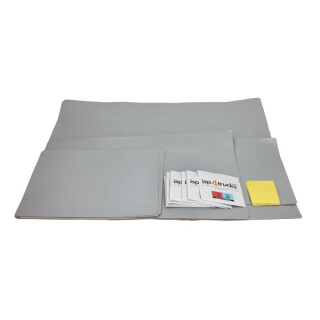 Planenreparatursatz (dunkelgrau, 5x Wischtuch zur Oberflächenentfettung, Flicken aus Plane, 19,5x24cm; 24x39cm; 48x39cm)