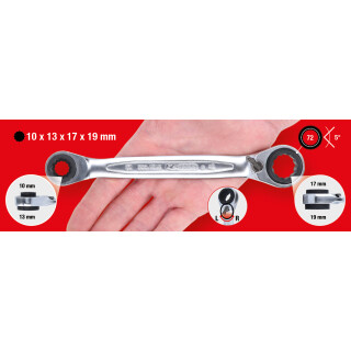 4 in 1 GEARplus umschaltbar Doppel-Ratschenringschlüssel, 10x13x17x19mm - KS Tools 503.4565