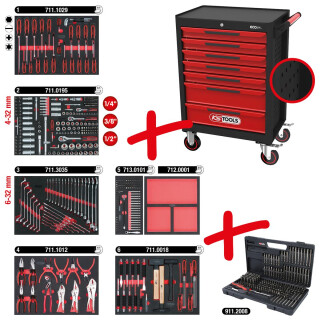ECOline SCHWARZ/ROT Werkstattwagen mit 7 Schubladen und 598 Premium-Werkzeugen - KS Tools 897.7598